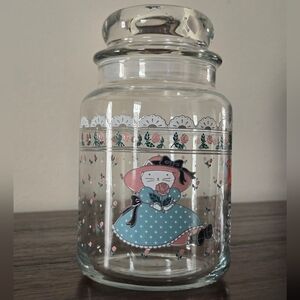 1988 CHD Anchor Hocking Country Cat Pink Rose Bubble Lid Glass Canister Jar Lg